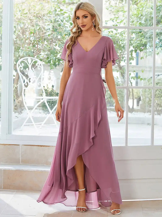V Neck High Low Ruffles A-line Chiffon Dress
