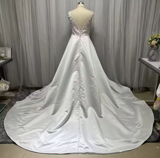 A-Line Deep V Neck Lace Appliques Bride Dress
