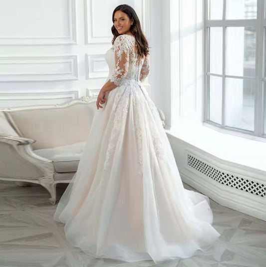 3/4 Sleeves Scoop Neck Lace Applique Plus Size Gown