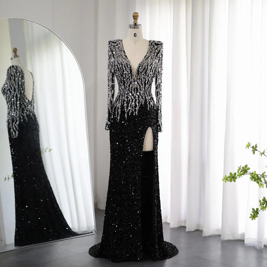 Luxury Black Mermaid Evening Dress Elegant V-Neck Long Sleeves Party Gowns