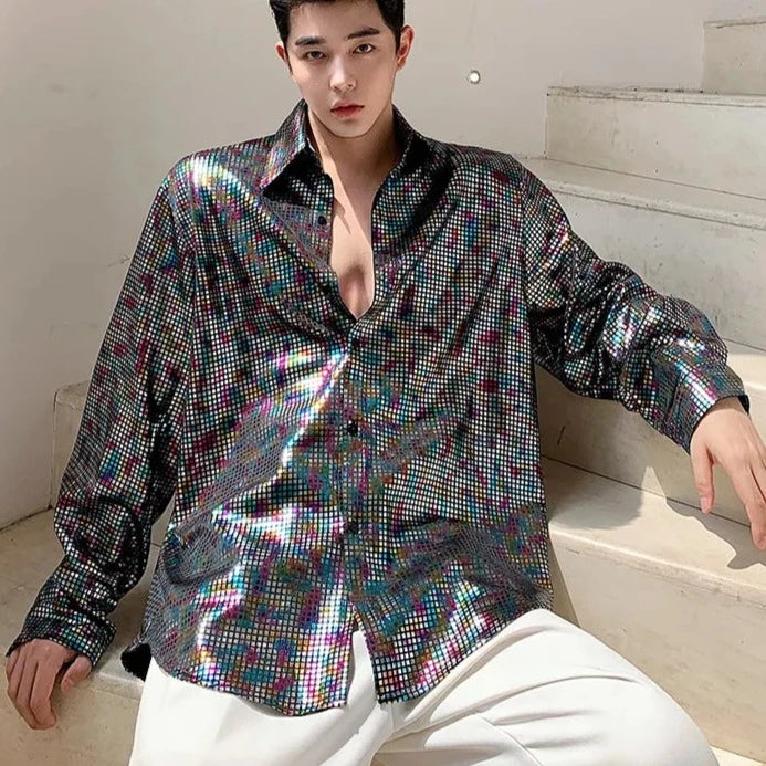 Loose Shirt Men's Sequin Long Sleeved Polo Club Party Wear Bartolini Loose Shirt Men's Sequin Long Sleeved Polo Club Party Wear Bartolini