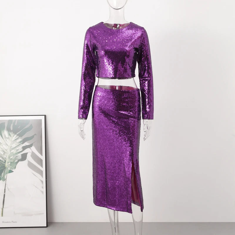 Sequined Suit Sexy Party Nightclub Women's Long Sleeve Blouse Split Skirt Beaded Two-piece Set