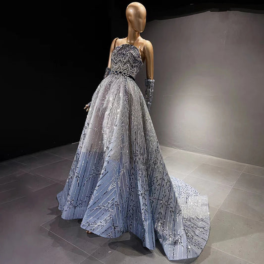 Blue Beaded Evening Dress Luxury Crystal Long Formal Prom Dress