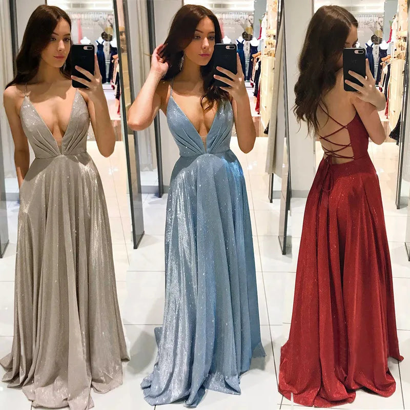 Women V-Neck A-Line Party Dress Criss-Cross Back Formal Homecoming Dress Sexy Shiny Long Evening Dress
