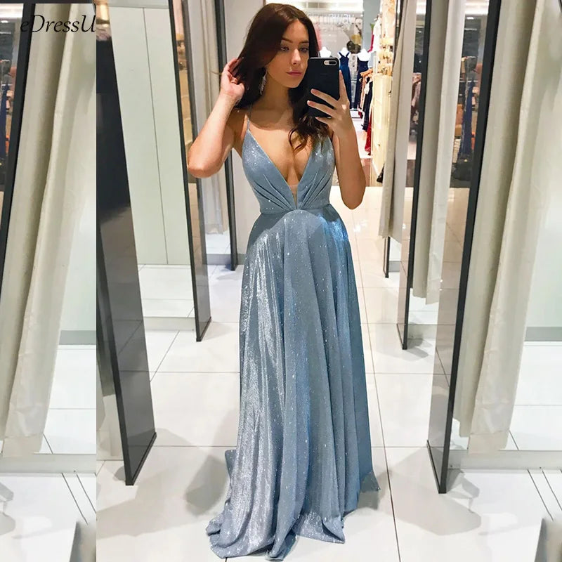 Women V-Neck A-Line Party Dress Criss-Cross Back Formal Homecoming Dress Sexy Shiny Long Evening Dress