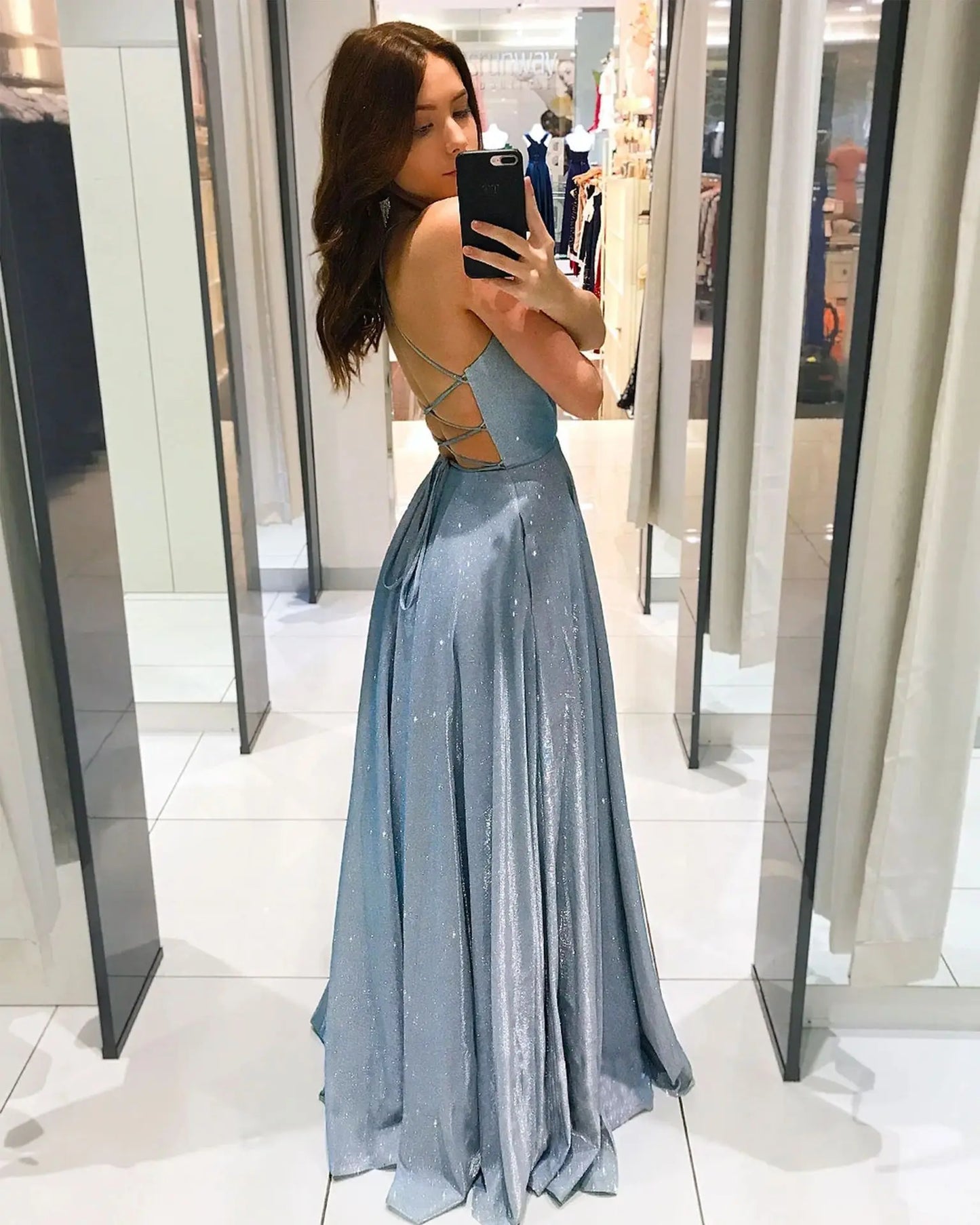 Women V-Neck A-Line Party Dress Criss-Cross Back Formal Homecoming Dress Sexy Shiny Long Evening Dress