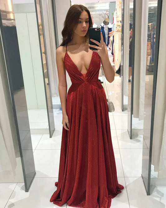 Women V-Neck A-Line Party Dress Criss-Cross Back Formal Homecoming Dress Sexy Shiny Long Evening Dress