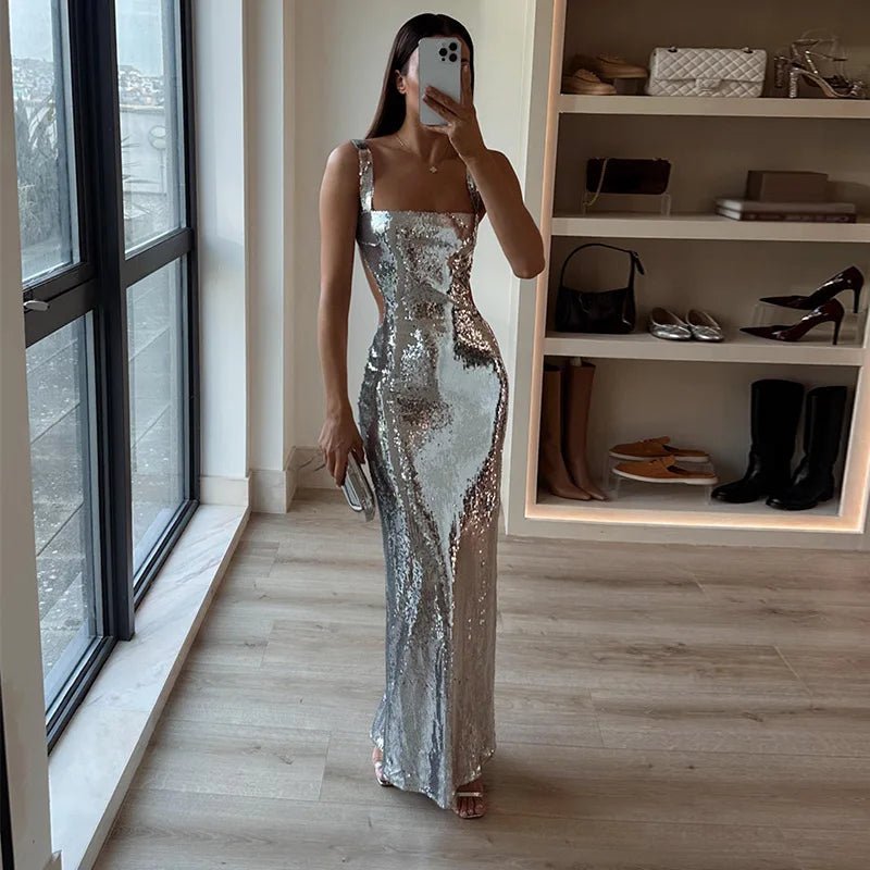 Sexy Sling Backless Silvery Maxi Dress – Bartolini Sexy Sling Backless Silvery Maxi Dress – Bartolini