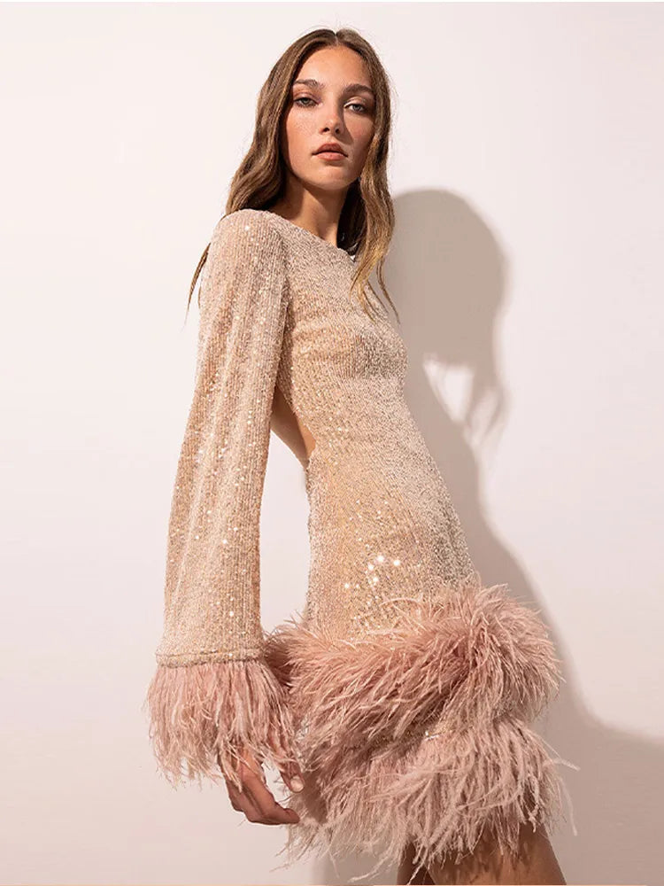 Sequined Fringes Backless Women Long Sleeve Shiny Party Dress