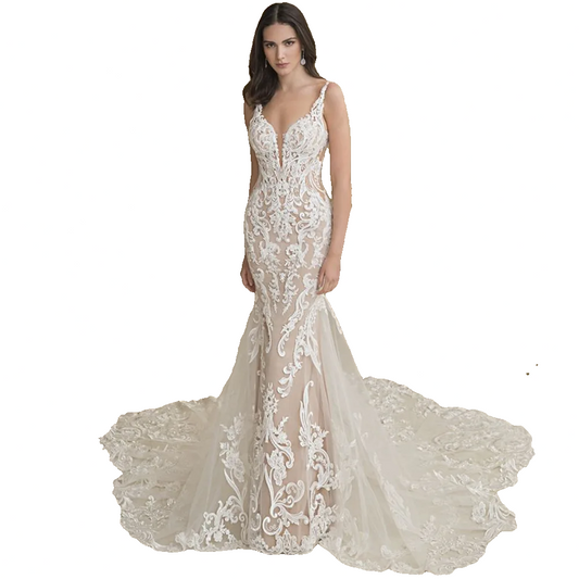 Deep V-Neck Lace Appliques Sleeveless Sexy Mermaid Bride Gown Backless Zipper Train Wedding Dresses