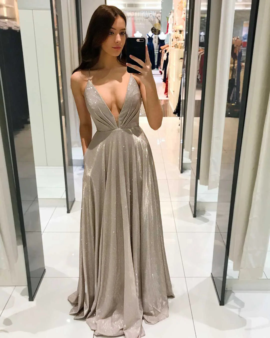 Women V-Neck A-Line Party Dress Criss-Cross Back Formal Homecoming Dress Sexy Shiny Long Evening Dress