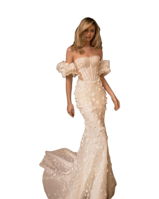 Mermaid Elegant Flowers Lace Appliques Strapless Lantern Sleeve Wedding Dresses