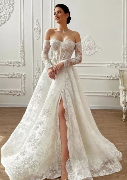 White Flowers Embroidery Lace Side Slit Wedding Dress