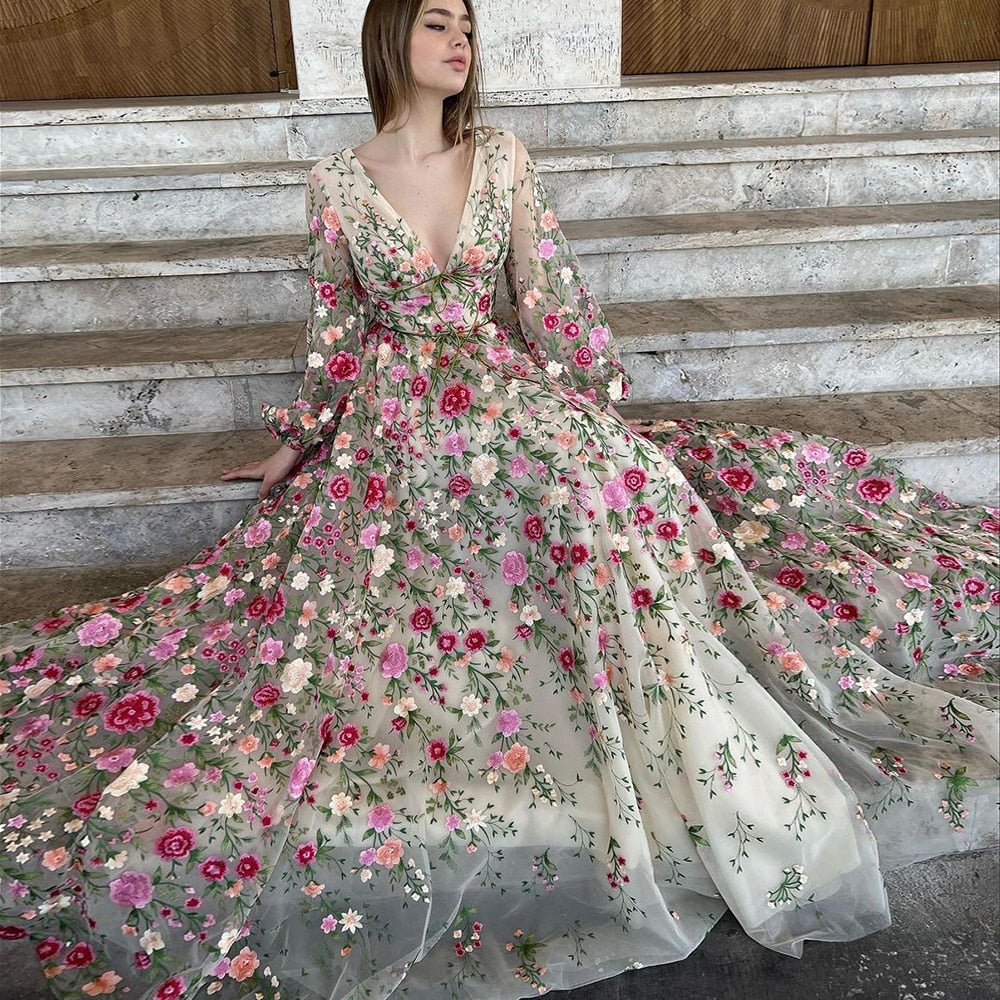 Luxury Embroidery Long Evening Dress Garden Floral Vintage Formal Prom