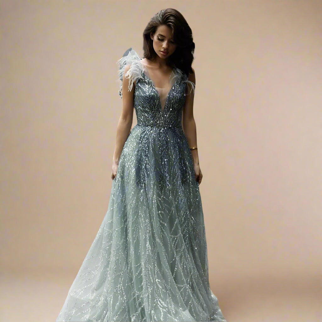 Sexy V-Neck Beaded Blue Long Formal Party Gowns For Women Wedding Brid Bartolini Sexy V-Neck Beaded Blue Long Formal Party Gowns For Women Wedding Brid Bartolini