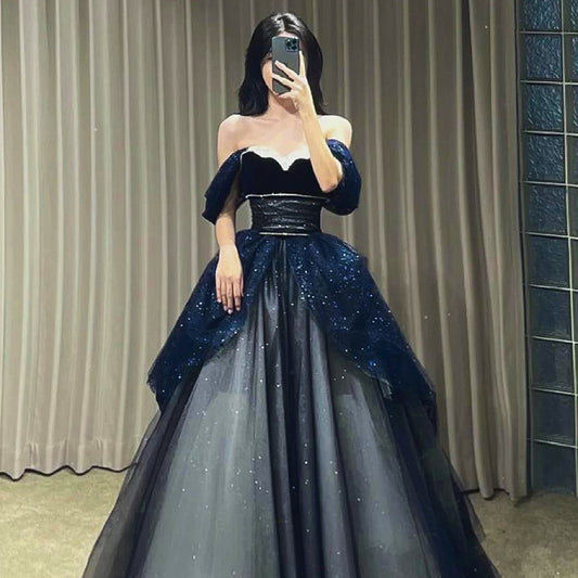 Navy Blue Evening Dress Sequined Empire Off Shoulder Tulle Wedding Party Prom Gowns