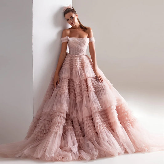 Blush Pink Off Shoulder Ruffles Evening Dress for Women Wedding Elegant Tiered Ball Gown Prom Party Dress