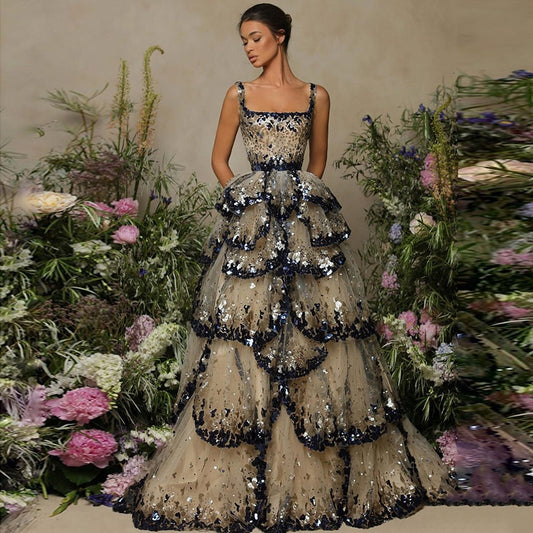 Sparkly Sequin Tiered Ruffles Elegant Women Wedding Party Formal Gowns