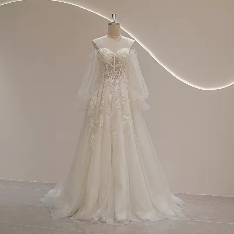 Sweetheart Neckline Puff Long Sleeve Bride Wedding Dress