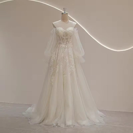 Sweetheart Neckline Puff Long Sleeve Bride Wedding Dress