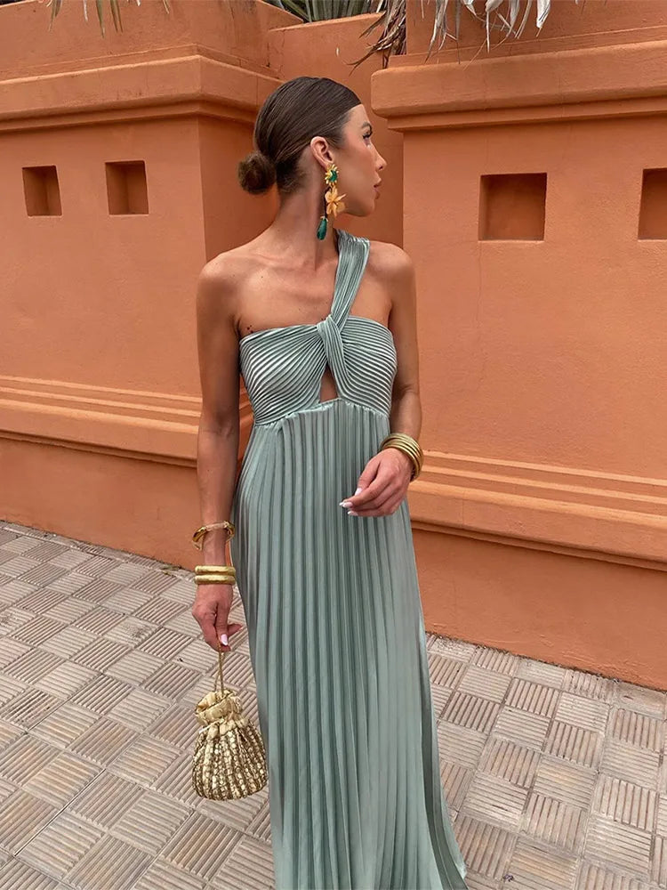 Diagonal Shoulder Pleated Evening Long Dress