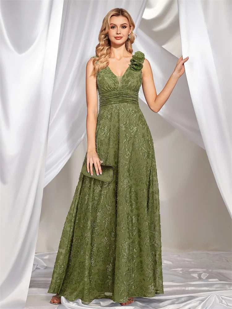 Elegant V Neck Green Floral Evening Dress