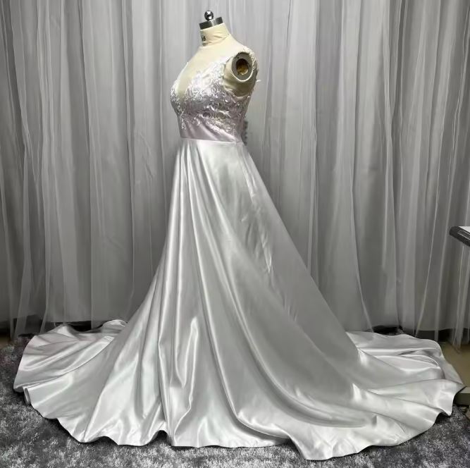 A-Line Deep V Neck Lace Appliques Bride Dress