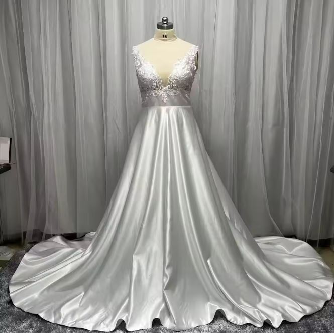 A-Line Deep V Neck Lace Appliques Bride Dress