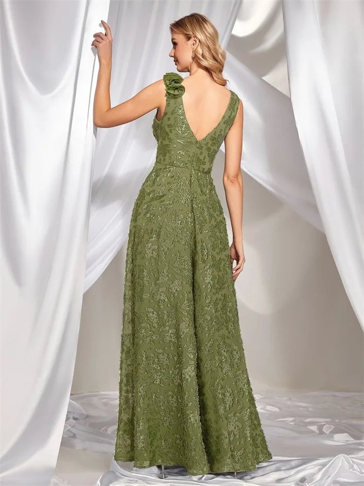 Elegant V Neck Green Floral Evening Dress