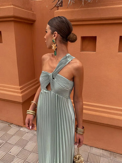 Diagonal Shoulder Pleated Evening Long Dress