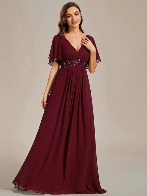 V Neck Pleated Floor-Length Dress