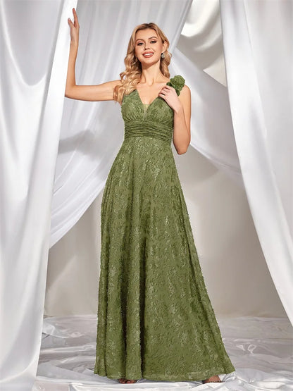 Elegant V Neck Green Floral Evening Dress