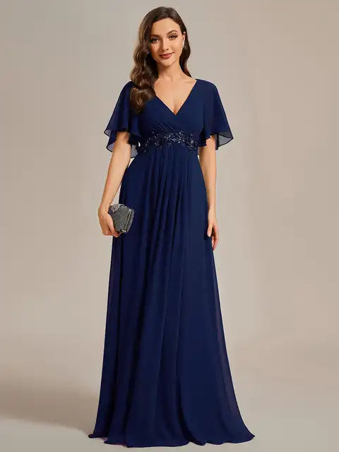 V Neck Pleated Floor-Length Dress