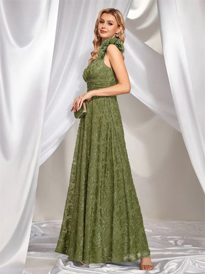 Elegant V Neck Green Floral Evening Dress