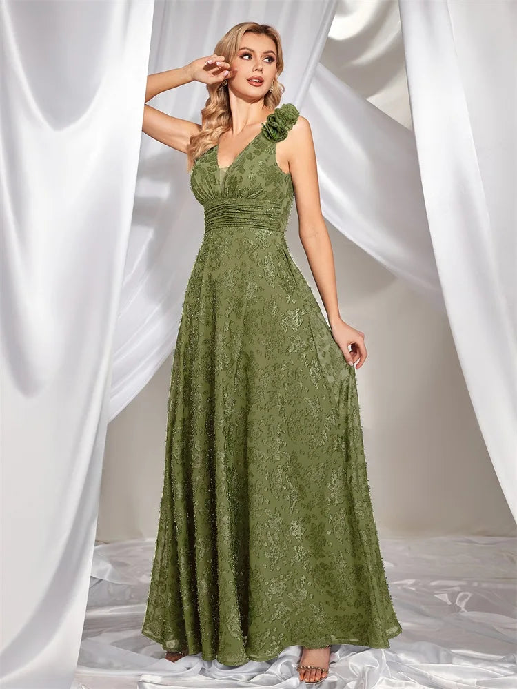 Elegant V Neck Green Floral Evening Dress