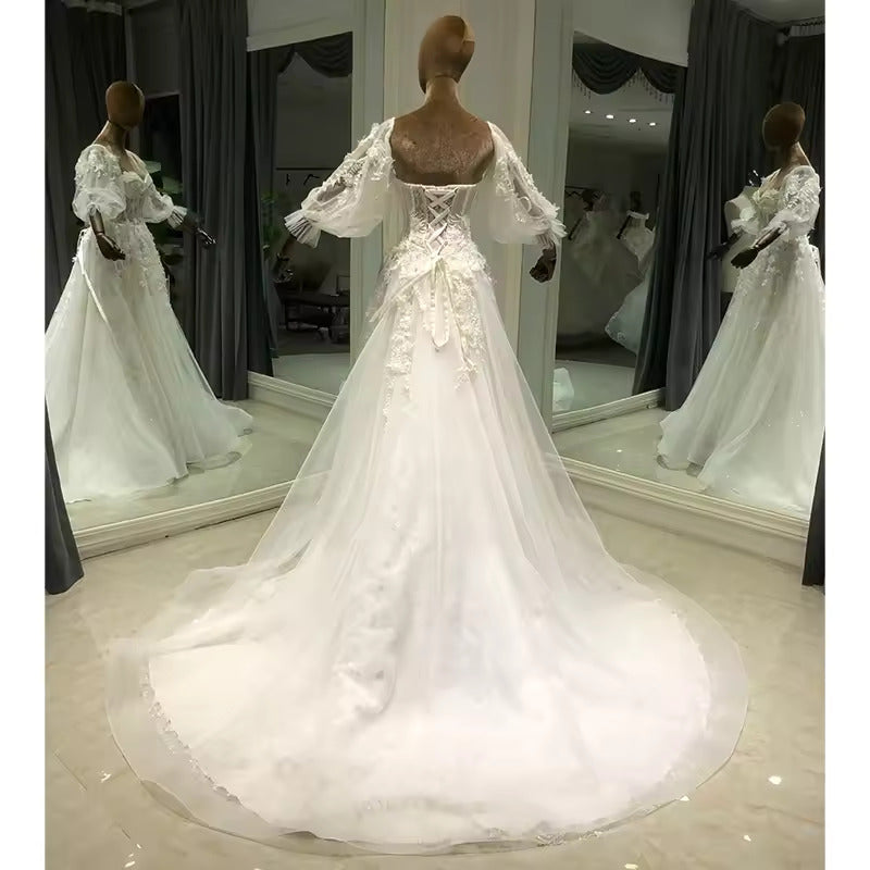 Sweetheart Neck Detachable Sleeve Bride A-Line Wedding Dress