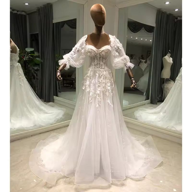 Sweetheart Neck Detachable Sleeve Bride A-Line Wedding Dress