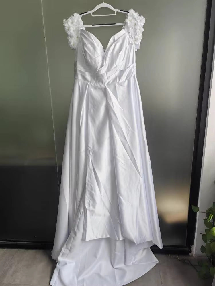 Satin A-Line Lace Up Off Shoulder Side Split Bridal Gown