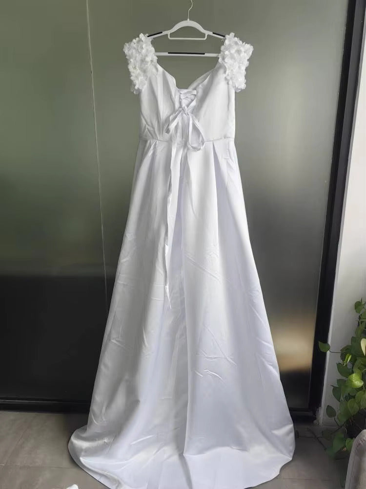 Satin A-Line Lace Up Off Shoulder Side Split Bridal Gown