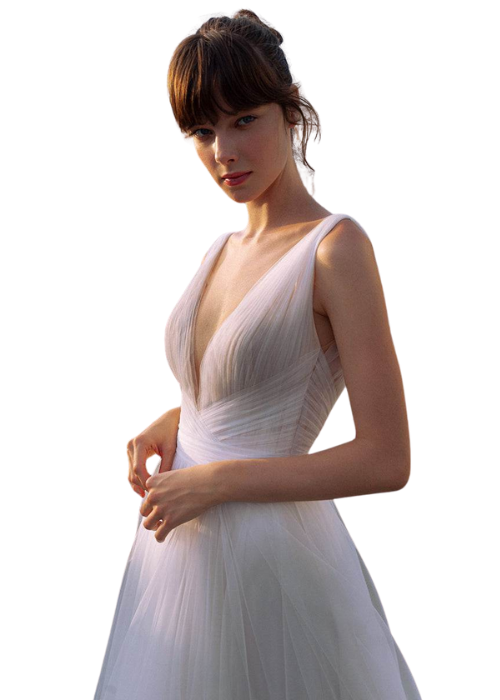 Plunging V Neck Pleat Boho Soft Tulle Chiffon Wedding Dress
