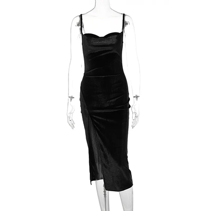 Velvet Swing Collar Sleeveless Slip Sexy Slit Dress | Evening Wear | Bridesmaid Dress