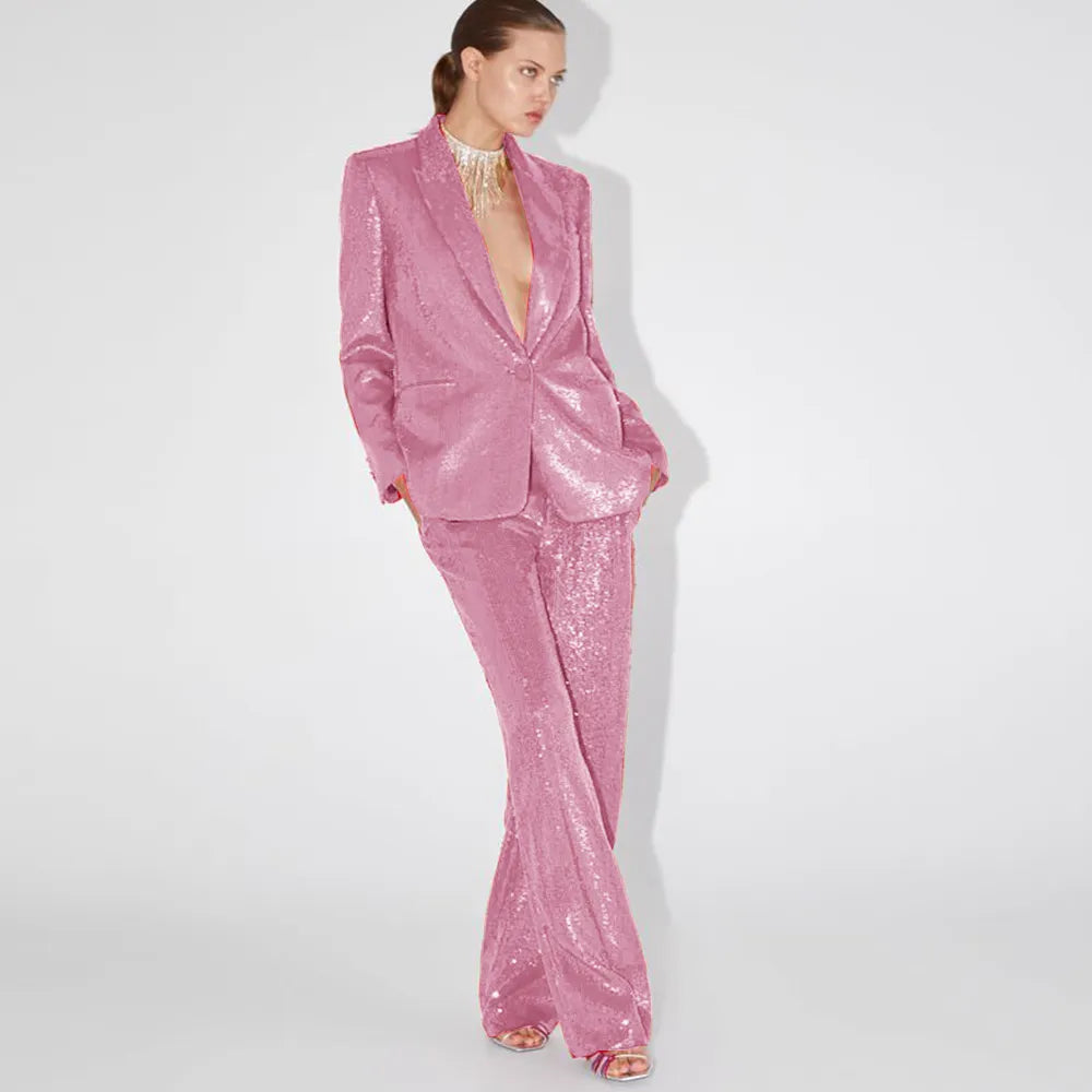 Elegant Ladies Sequined Blazer + Straight Pants Two-piece Birthday Party Outfit