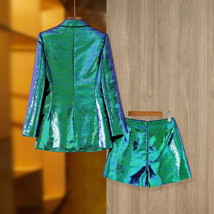 Eye-catching Occasion  Women Gradient Sequins 2 PCS Blazers Shorts Sets