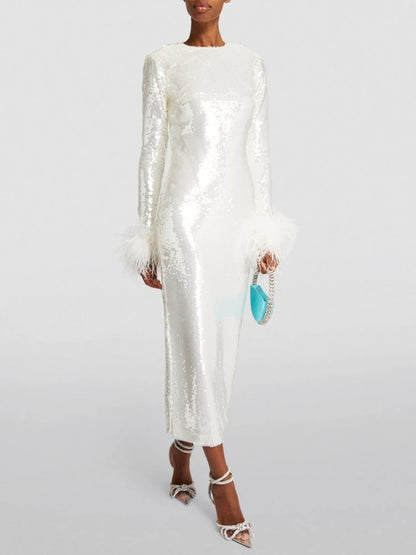 O Neck Long Sleeve Luxury Sequin Feather Midi Dress Elegant White Sequined Bodycon Dress Evening Party Club