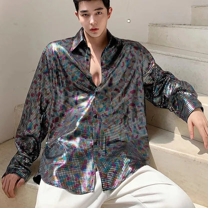 Loose Shirt Men's Sequin Long Sleeved Polo Club Party Wear