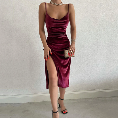 Velvet Swing Collar Sleeveless Slip Sexy Slit Dress | Evening Wear | Bridesmaid Dress