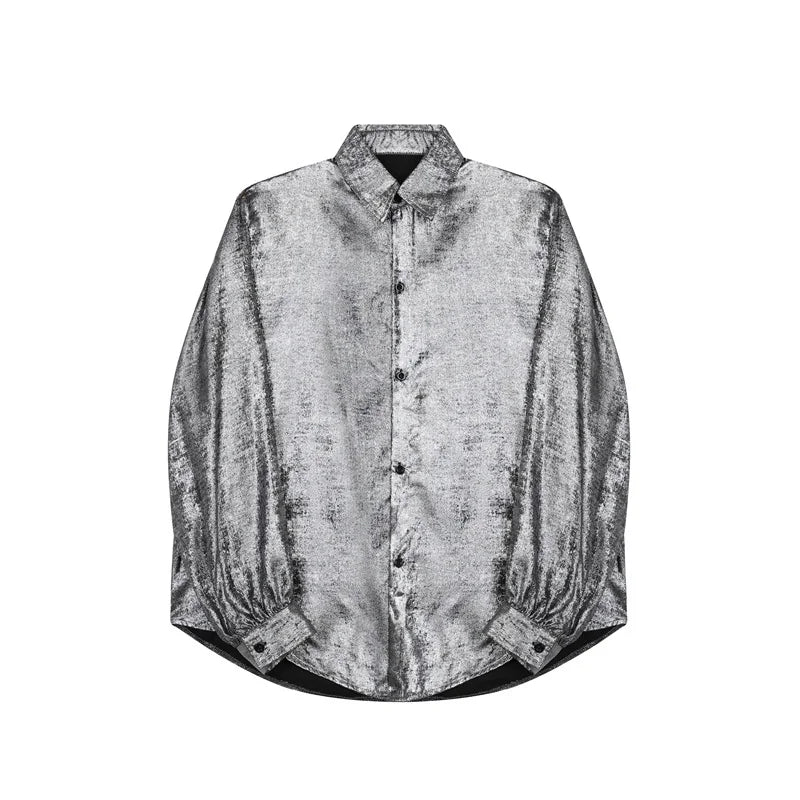 Long Sleeve Silver  Men Shirt Loose Reflect Light Nightclub Style