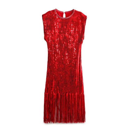 Women's Sequin Tassel Short Dress Slim Round Neck Sleeveless Lined Dresses