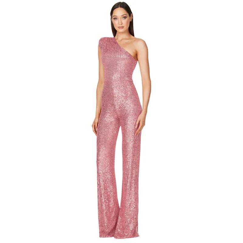 Women Elegant Long Jumpsuits Slanted Collar Party Glitter Sequin Club Playsuits