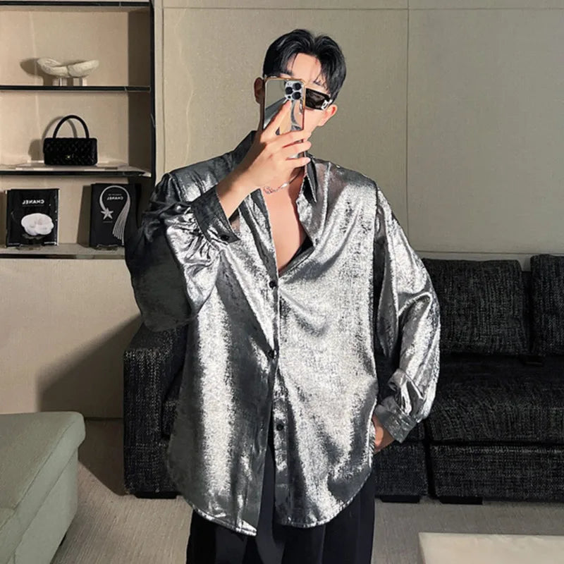 Long Sleeve Silver  Men Shirt Loose Reflect Light Nightclub Style
